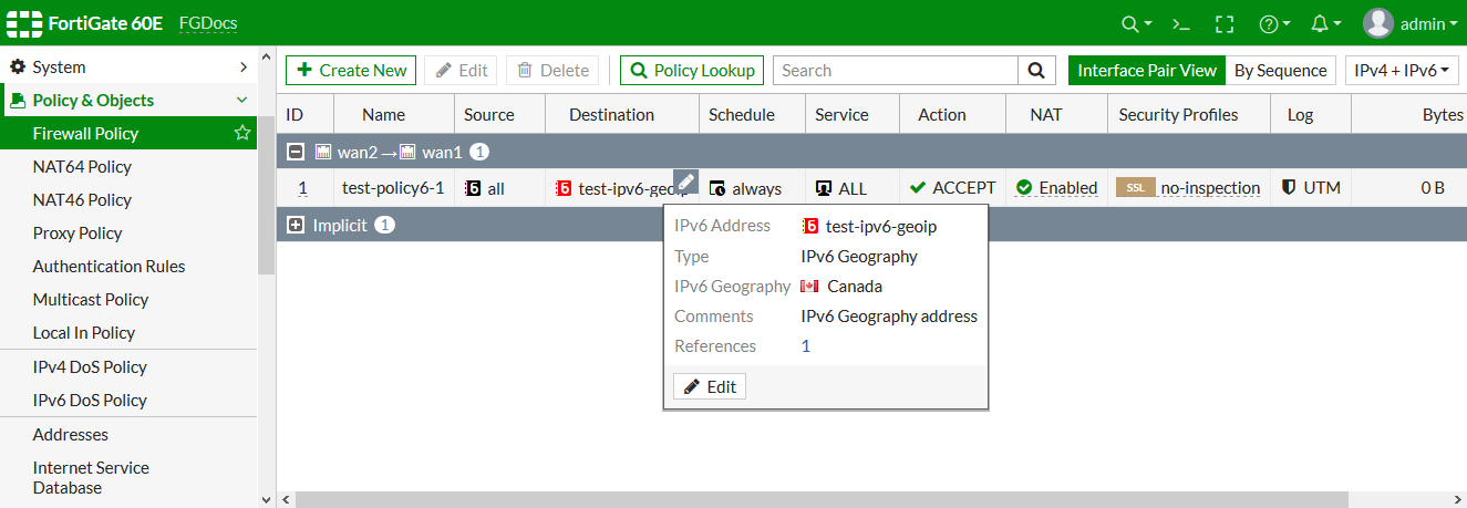 Configuración de Políticas Firewall IPv6 con geolocalización en FortiGate 60E,F,G