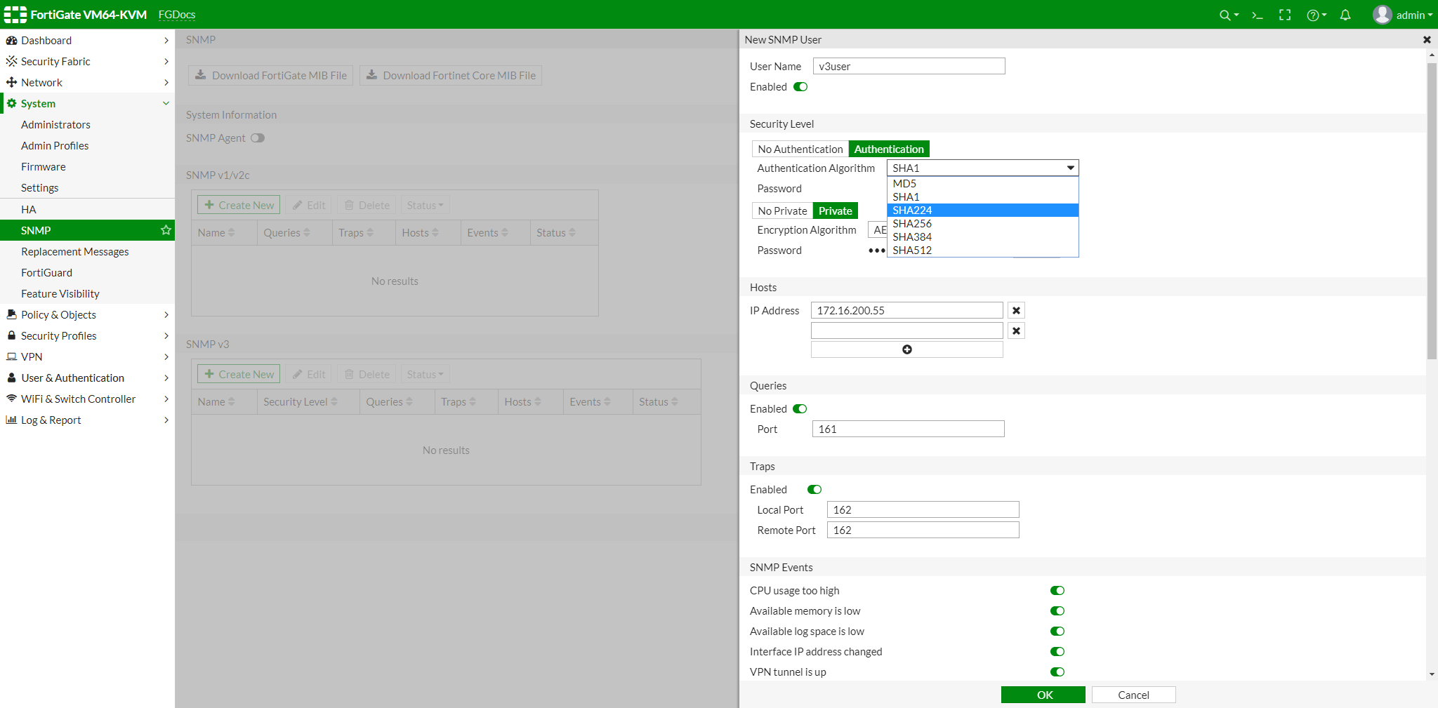 Configuración avanzada de usuario SNMPv3 en FortiGate para monitorización segura