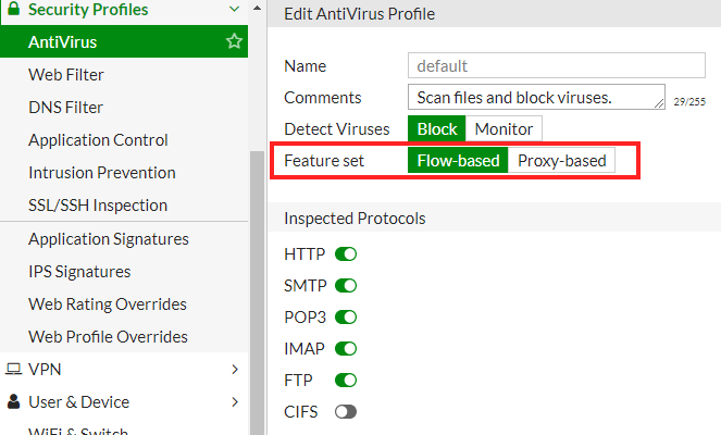 Configuración perfil AntiVirus en FortiGate: modos Flow-based y Proxy-based