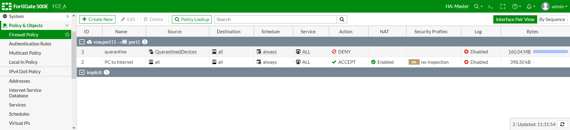 Configuración de políticas de firewall en FortiGate para seguridad y control de tráfico