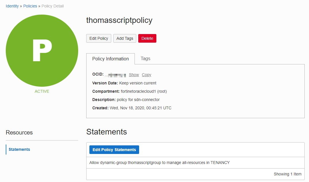 Configuración de políticas de acceso en Fortinet Oracle Cloud para SDN Connector
