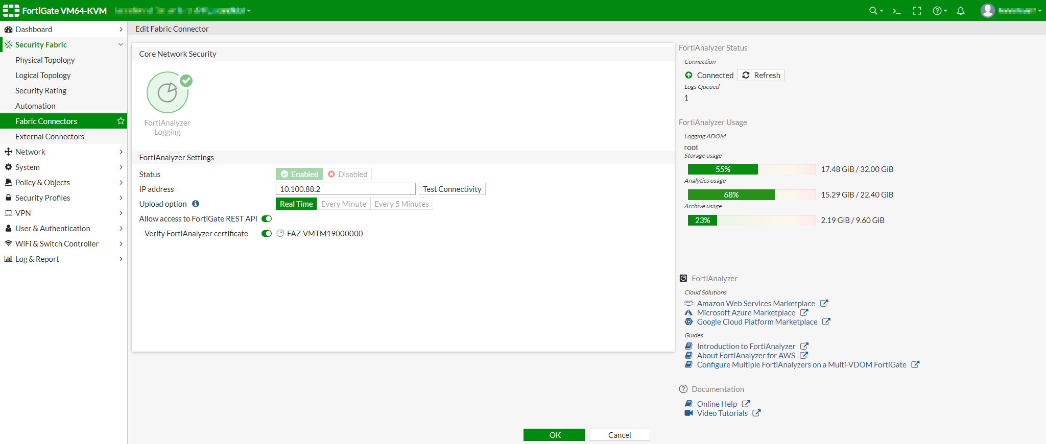 Configuración de Fabric Connector FortiAnalyzer en FortiGate para seguridad centralizada