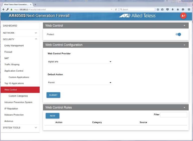 Configuración de Web Control en Firewall Allied Telesis AR4050S para Seguridad Web