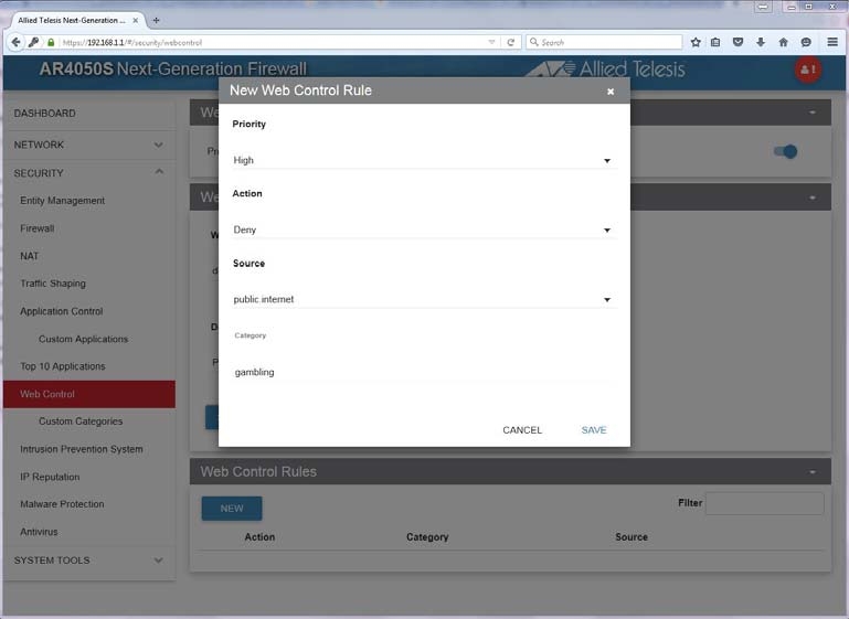Configuración avanzada de Web Control en Firewall Allied Telesis AR4050S