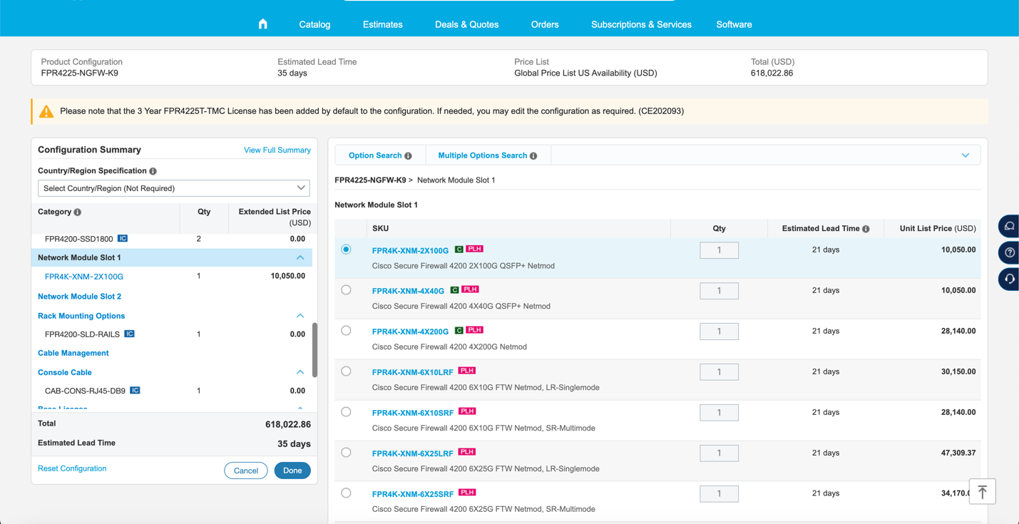 Configuración y selección de módulos para Cisco Secure Firewall FPR4225 NGFW