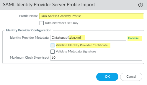 Configuración de Perfil SAML Identity Provider en Palo Alto Networks para Duo Access Gateway