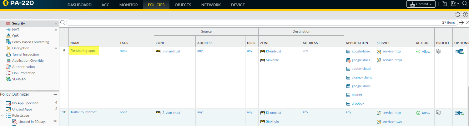 Configuración de reglas de seguridad para apps de intercambio de archivos en Palo Alto