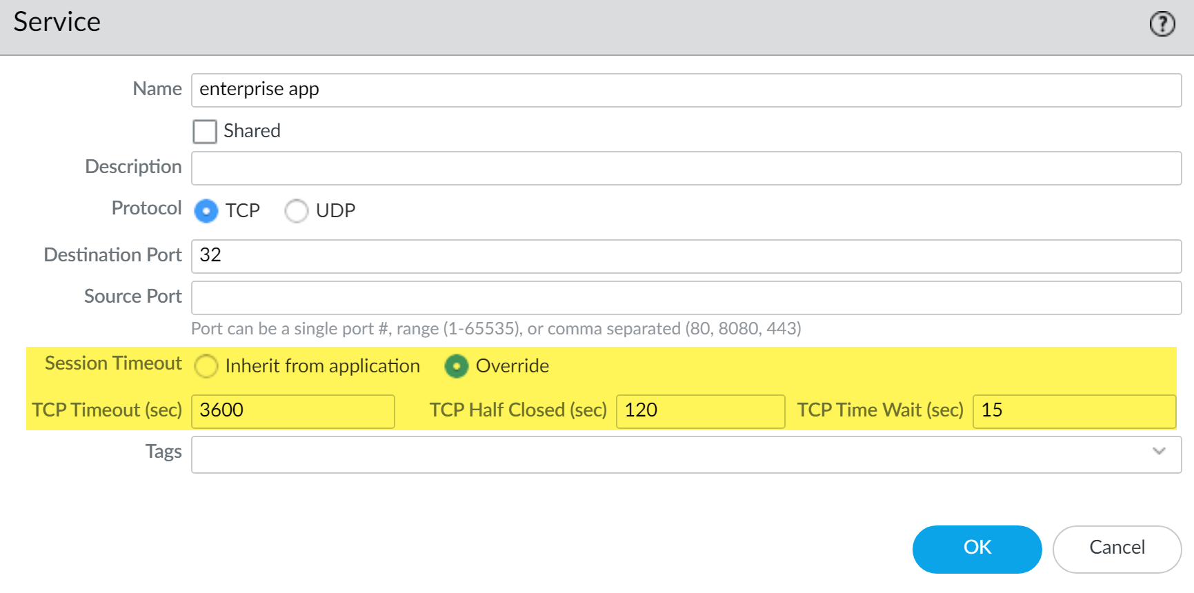 Configuración avanzada de timeout TCP en servicios Palo Alto Networks