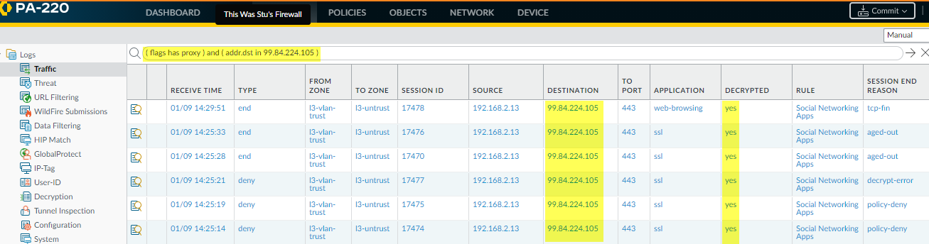 Análisis de registros con Proxy y Decrypt en Palo Alto Networks PA-220