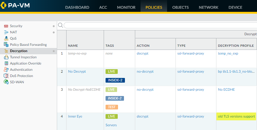 Configuración de Decryption en Palo Alto Networks para versiones TLS antiguas