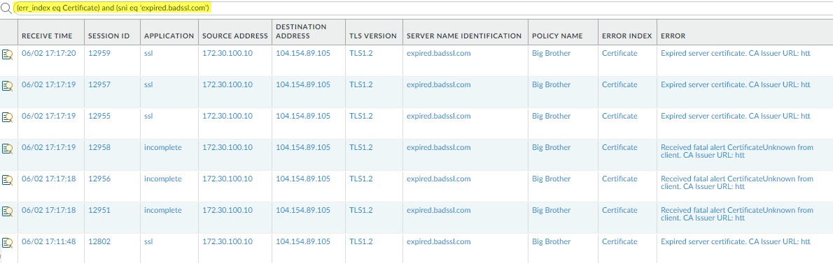 Configuración de filtros en Palo Alto Networks para detectar certificados SSL expirados