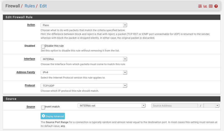 Configuración avanzada de reglas de firewall en pfSense para redes IPv4 TCP/UDP