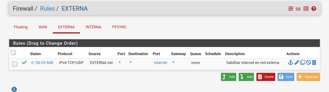 Configuración de regla firewall pfSense para habilitar internet en red externa
