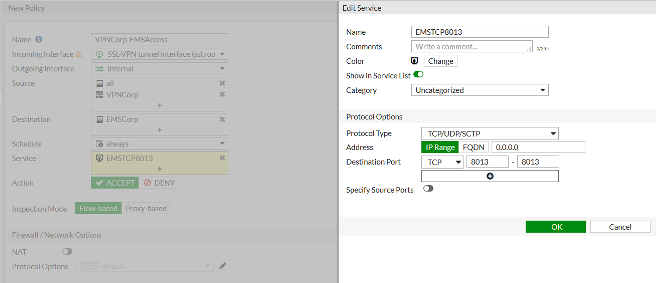 Configuración avanzada de políticas Fortinet para acceso SSL-VPN y servicios TCP personalizados