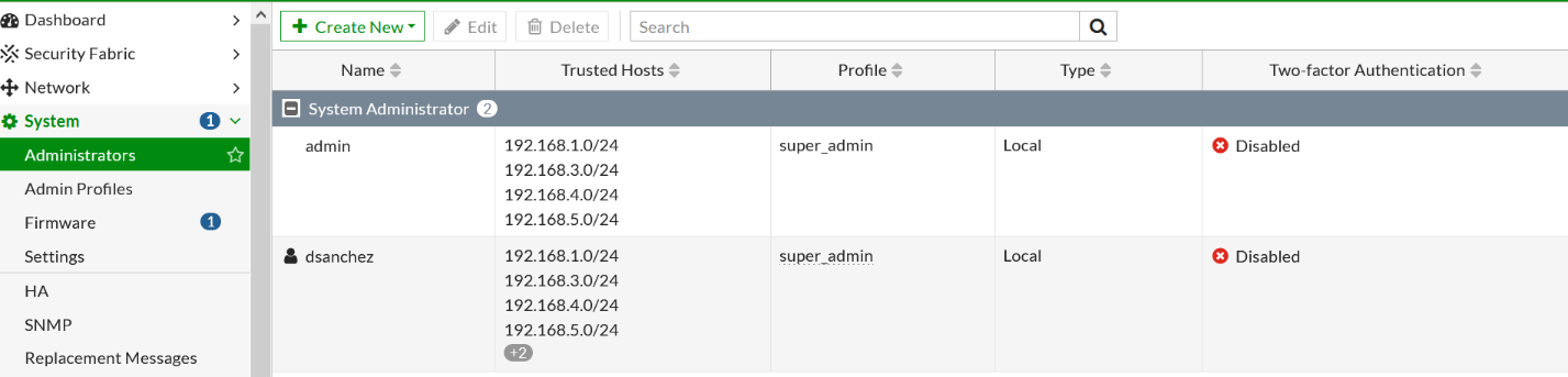 Configuración avanzada de administradores en Fortinet con control de acceso y perfiles