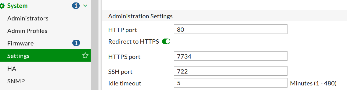 Configuración avanzada de administración segura en Fortinet FortiGate: puertos, redirección y timeout