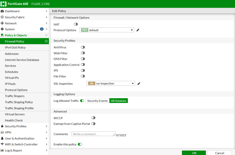 Configuración avanzada de políticas de firewall en FortiGate 60E,F,G sin inspección SSL
