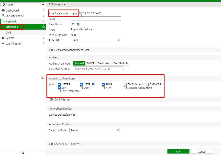 Configuración avanzada de interfaces Fortinet: Acceso administrativo seguro y gestión de IP estática