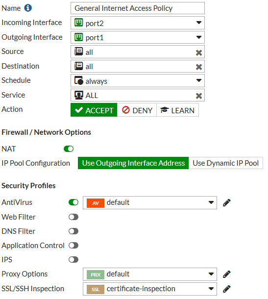 Configuración avanzada de políticas Fortinet para acceso a Internet seguro con NAT e inspección SSL