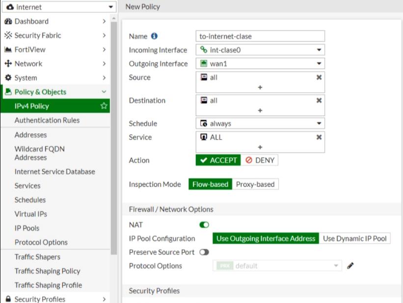 Configuración de políticas NAT y flujo en Fortinet para tráfico IPv4 seguro